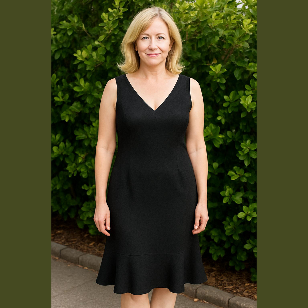 David Meister Black V-Neck Textured Midi Dress with Flared Hem